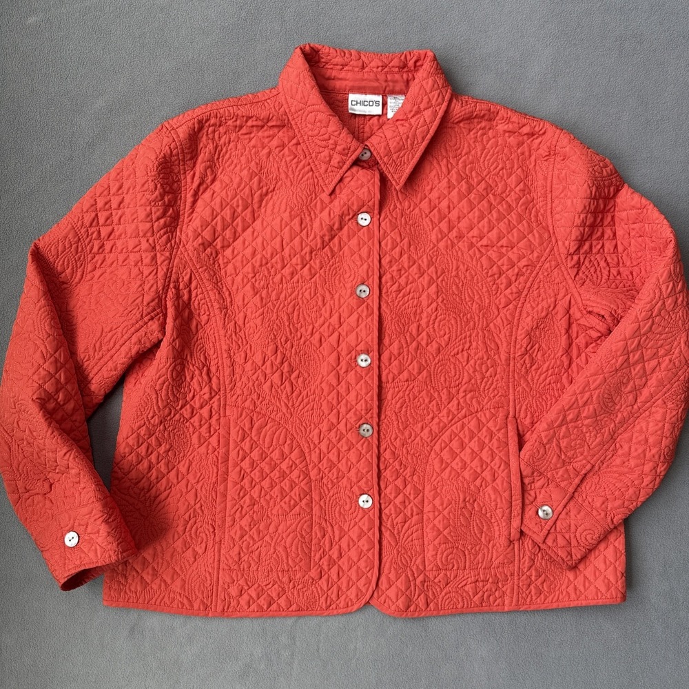 Chicos Jacket Womens 3 Orange Paisley Lightweight Quilted Long Sleeves
